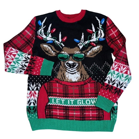 UGLY CHRISTMAS  SWEATER MENS SIZE LARGE “LET IT GLOW” REINDEER W/ SUNGL… - Picture 1 of 4